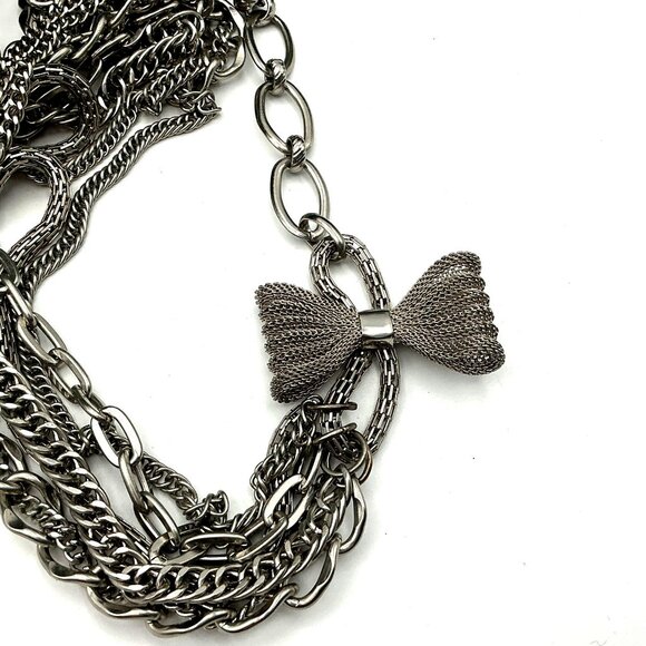 Layered Silver-Tone Chain Statement Necklace With Mesh Bow Pendant & Lobster Cla - Picture 5 of 5